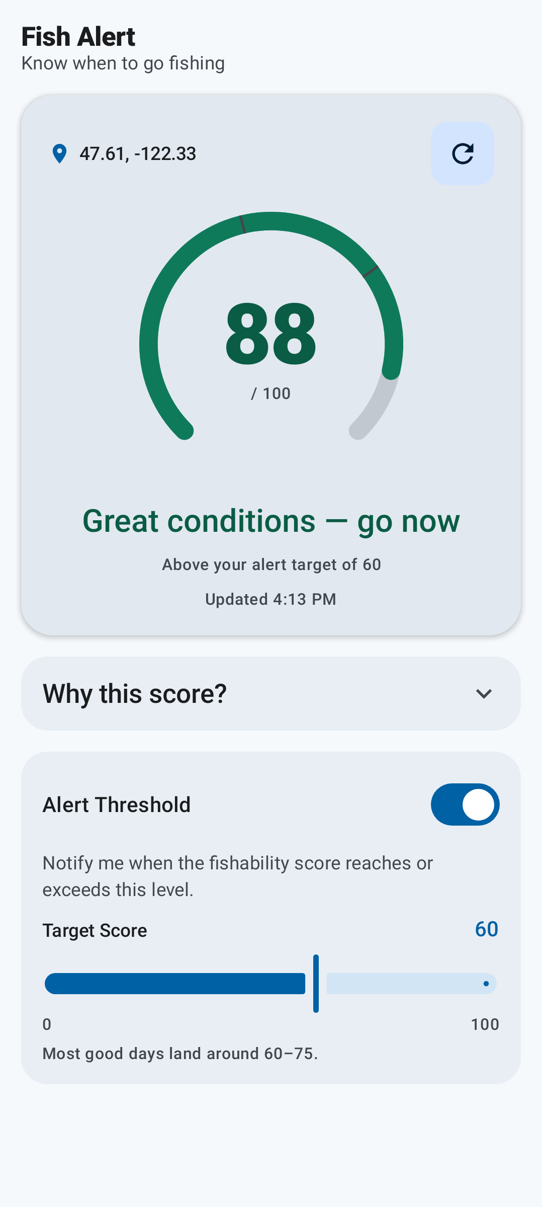The Fish Alert app showing a fishability score with a gauge and a plain-language verdict.
